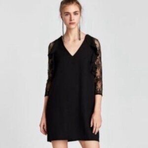 ZARA black lace sleeve ruffle trim shift dress